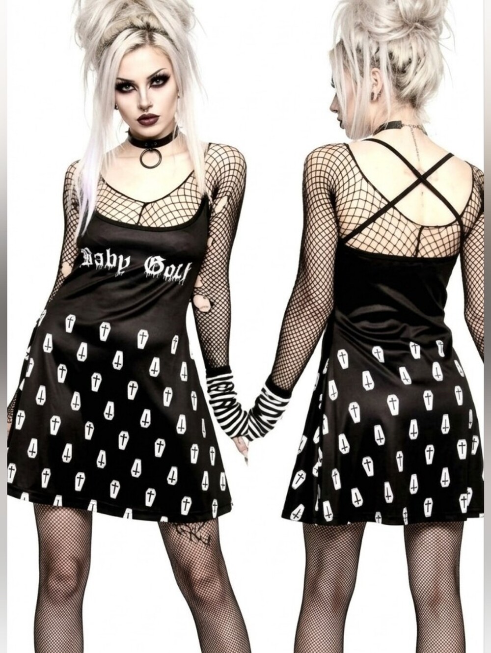 Too fast blk white coffins crosses baby goth graphic strappy skater dress XL NWT